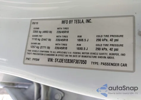2019 Tesla Model 3 Long Range/Performance from USA, damaged, VIN 5YJ3E1EB3KF387050